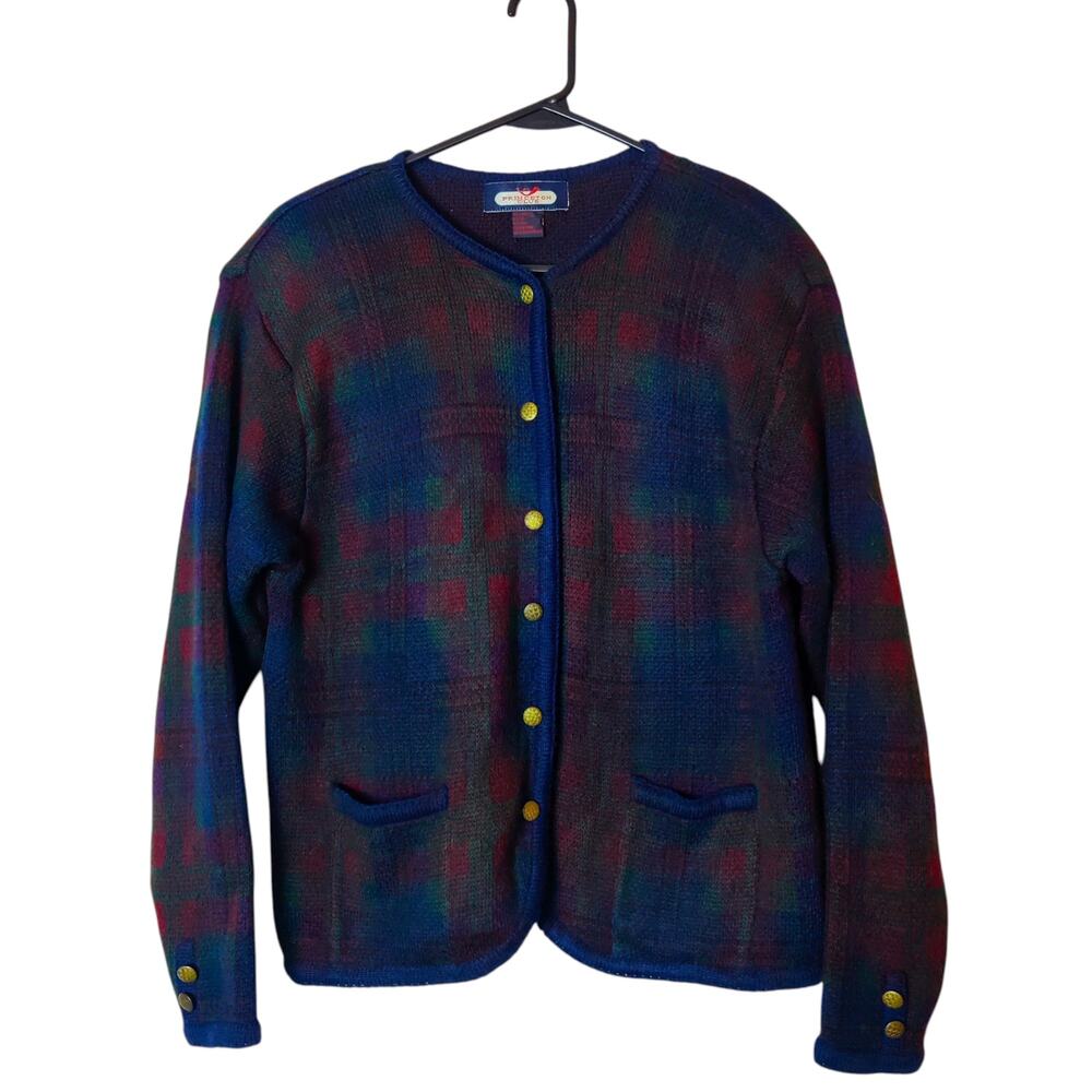 Vtg 90s Princeton Club Scotch Plaid Cardigan Sweater Medium Preppy Dark Academia